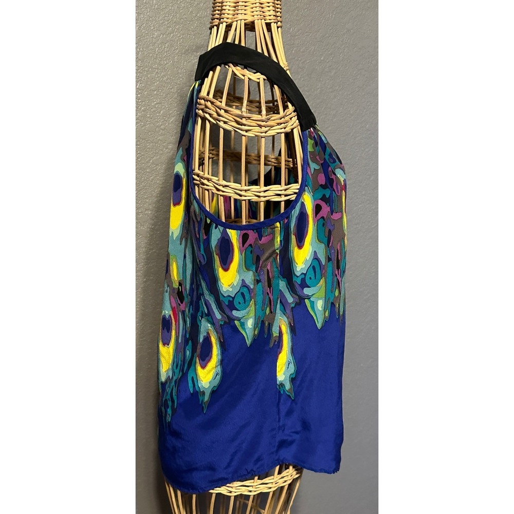 Trina Turk Silk Halter Top Blue Peacock Print V-Neck Women S Whimsigoth - Picture 11 of 15